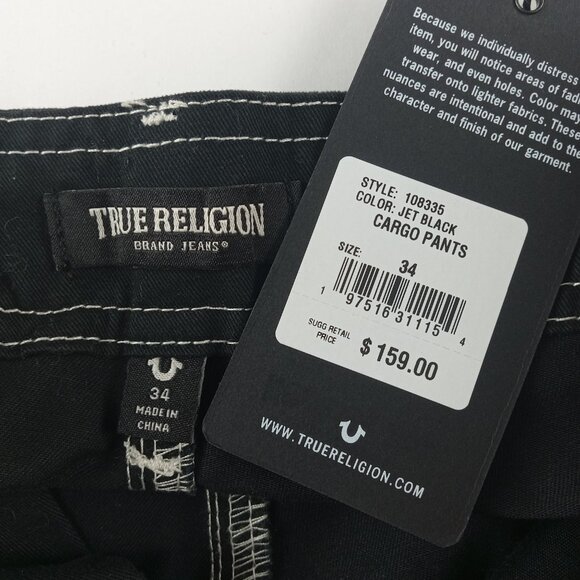 True Religion Cargo Pants Men's Size 34 Jet Black Relaxed Fit Flap Pockets - Picture 9 of 9
